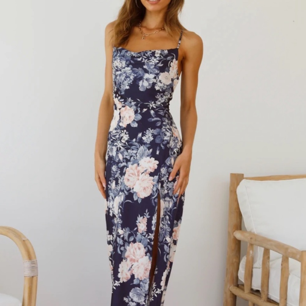 Silky blue floral Hello Molly midi dress with side slit